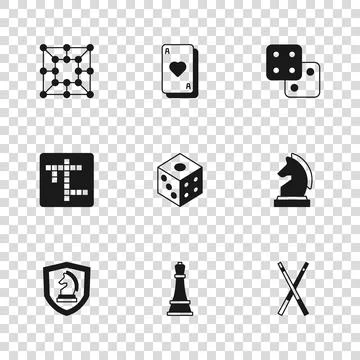 Set Chess, Crossed billiard cues, Game dice, Board game, Playing cards and .. Stock Illustration