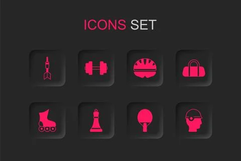 Set Chess, Dumbbell, Dart arrow, Racket, Sport bag, Baseball helmet, Bicycl.. Stock Illustration