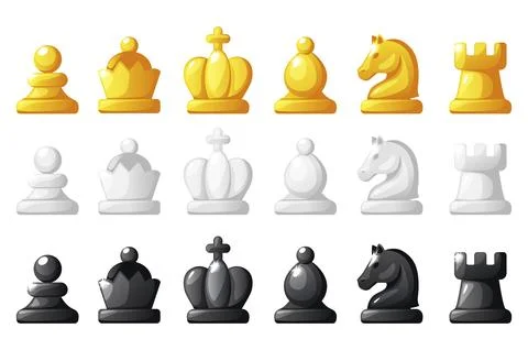 Set of chess figures for chess strategy board game. Black, white and gold s.. Stock Illustration