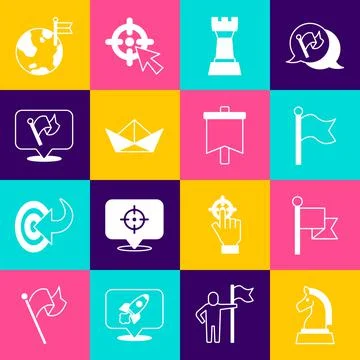 Set Chess, Flag, Folded paper boat, Planet with flag and  icon. Vector Illustrazione stock
