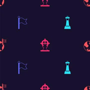 Set Chess, Flag, Target and Planet with flag on seamless pattern. Vector Stock Illustration