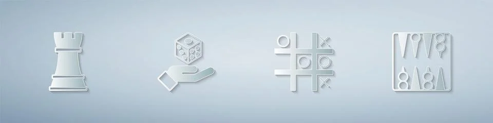 Set Chess, Game dice, Tic tac toe game and Backgammon board. Paper art style Stock Illustration