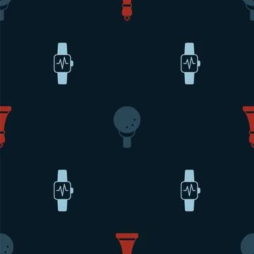 Set Chess, Golf ball on tee and Smart watch with heart on seamless pattern Stock Illustration