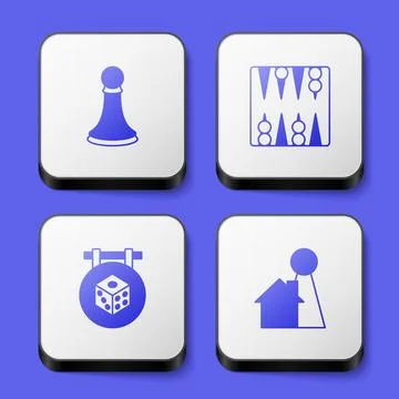 Set Chess pawn, Backgammon board, Game dice and Chip for game icon. White square Stock Illustration