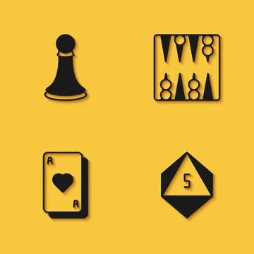 Set Chess pawn, Game dice, Playing cards and Backgammon board icon with long Stock Illustration