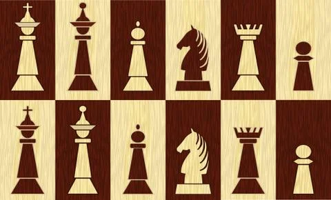Set of chess pieces on chessboard fields, wooden inlay design, white piece on Stock Illustration