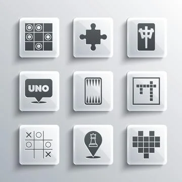 Set Chess, Pixel hearts for game, Bingo, Backgammon board, Tic tac toe, Uno c Stock Illustration