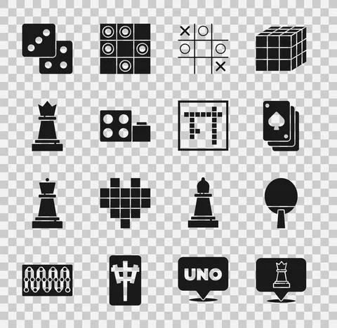 Set Chess, Racket, Playing cards, Tic tac toe game, Toy building block bricks Ilustración de archivo