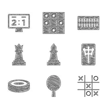 Set Chess, Racket, Tic tac toe game, Mahjong pieces, Checker chips, Board a.. Stock Illustration