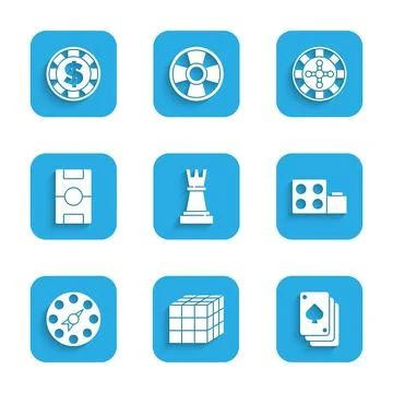 Set Chess, Rubik cube, Playing cards, Toy building block bricks, Twister game Ilustración de archivo