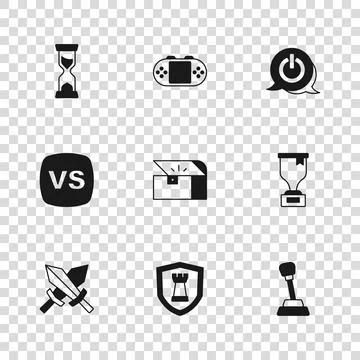 Set Chess shield, Award cup, Gear shifter, Chest for game, Power button, Ol.. Stock Illustration