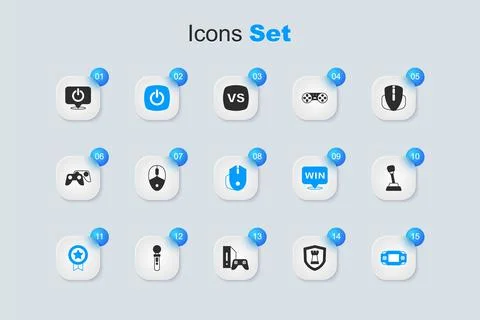 Set Chess shield, Computer mouse, Power button, Game rating with medal, Por.. Stock Illustration