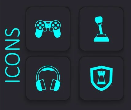 Set Chess shield, Game controller or joystick, Gear shifter and Headphones icon Stockillustratie