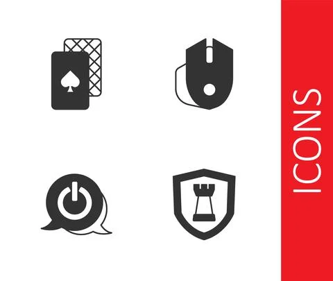 Set Chess shield, Playing cards, Power button and Computer mouse icon. Vector Stock Illustration