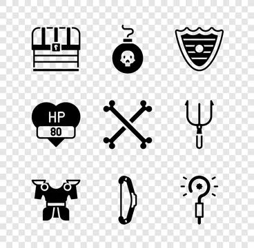 Set Chest, Bomb ready to explode, Shield, Body armor, Medieval bow, Magic wand 库存插图