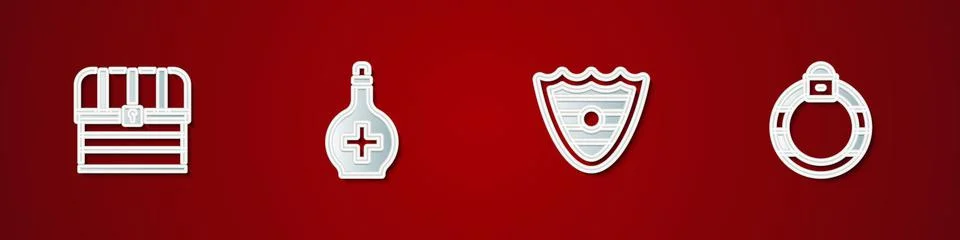 Set Chest, Bottle with potion, Shield and Magic stone ring icon. Vector Stock Illustration