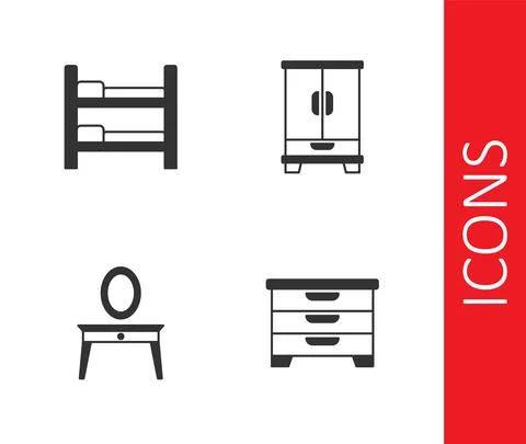 Set Chest of drawers, Bunk bed, Dressing table and Wardrobe icon. Vector 스톡 일러스트