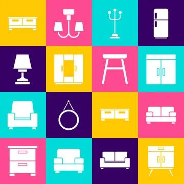 Set Chest of drawers, Sofa, Wardrobe, Coat stand, Table lamp,  and Chair ic.. Stock Illustration