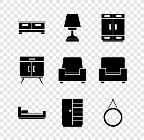 Set Chest of drawers, Table lamp, Wardrobe, Bed, Mirror, and Armchair icon Illustrazione stock