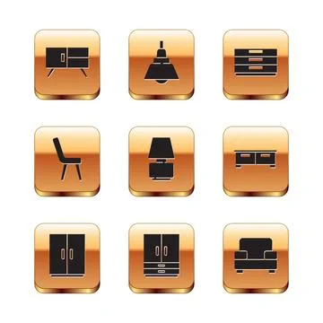Set Chest of drawers, Wardrobe, Table lamp, Armchair, and Chandelier icon Stock Illustration