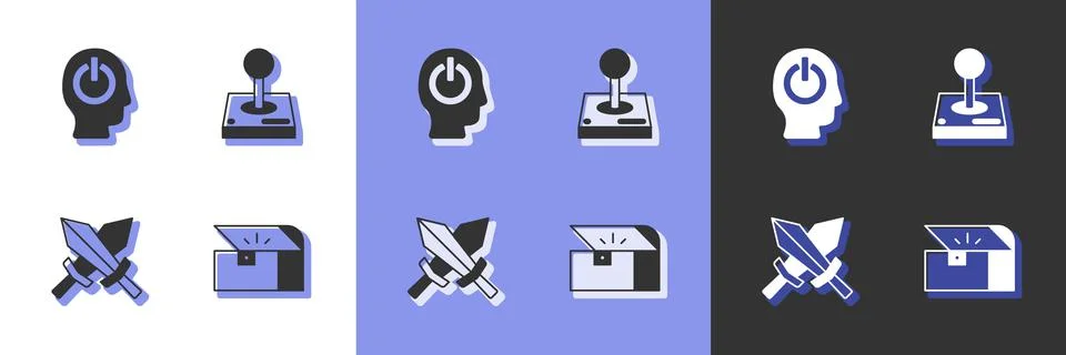 Set Chest for game, Power button, Sword and Joystick arcade machine icon. Vector Stock Illustration