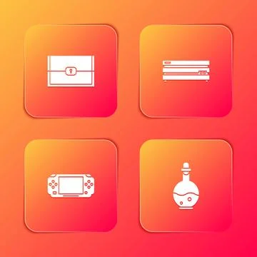 Set Chest for game, Video console, Portable video and Bottle with magic elixir Stock Illustration