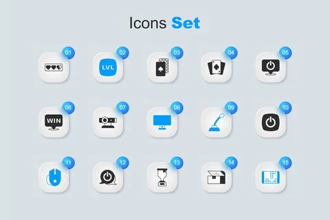 Set Chest for game, Web camera, Level, Computer mouse, Portable video conso.. Stock Illustration