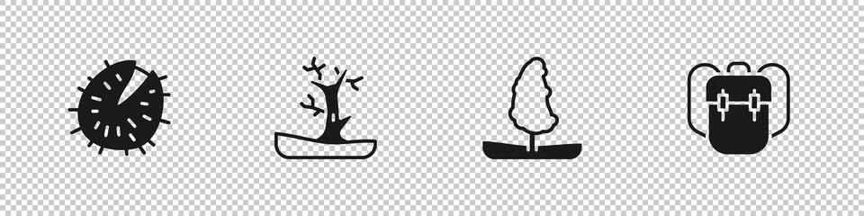 Set Chestnut, Bare tree, Tree and School backpack icon. Vector Stock Illustration