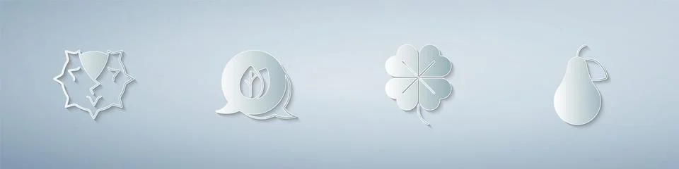Set Chestnut, Leaf, Four leaf clover and Pear. Paper art style. Vector Stock Illustration