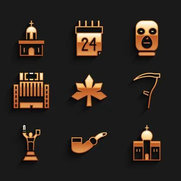 Set Chestnut leaf, Smoking pipe, Church building, Scythe, Mother Motherland Ilustración de archivo