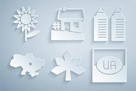 Set Chestnut leaf, Two towers in Dnipro, Map of Ukraine, Flag, Ukrainian house 스톡 일러스트