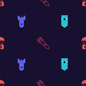 Set Chevron, Biohazard bomb, rocket and Parachute with first aid kit on seamless Illustrazione stock