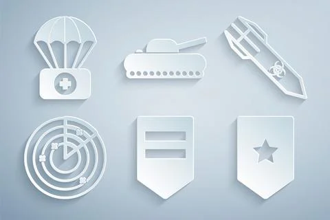 Set Chevron, Biohazard rocket, Radar with targets, Military tank and Parachute Stock Illustration