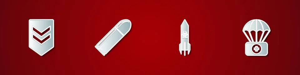 Set Chevron, Bullet, Biohazard rocket and Parachute with first aid kit icon.  Illustrazione stock