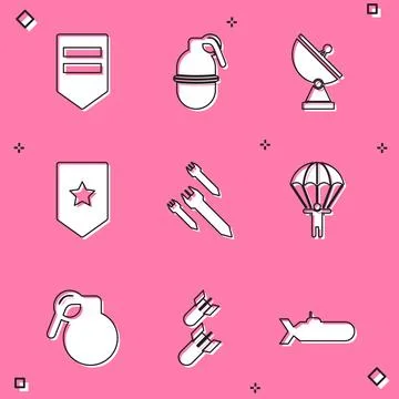 Set Chevron, Hand grenade, Radar, Rocket, Parachute,  and Aviation bomb ico.. Illustration