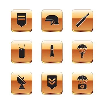 Set Chevron, Radar, Nuclear rocket, Military dog tag, Bullet, Parachute with Stock Illustration