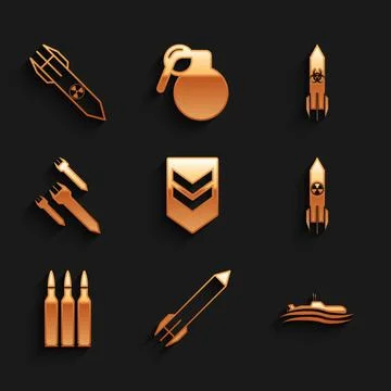 Set Chevron, Rocket, Submarine, Nuclear rocket, Bullet, Biohazard and  icon.. Stock Illustration