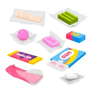 Set of chewing gum, Bubble bubblegum, Cartoon gummie splashes and spots, gu.. Stock Illustration