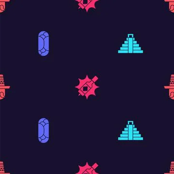 Set Chichen Itza in Mayan, Burrito, Tabasco sauce and Mexican man sombrero on Illustrazione stock