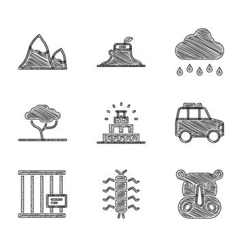 Set Chichen Itza in Mayan, Centipede insect, Rhinoceros, Car, Animal cage Stock Illustration