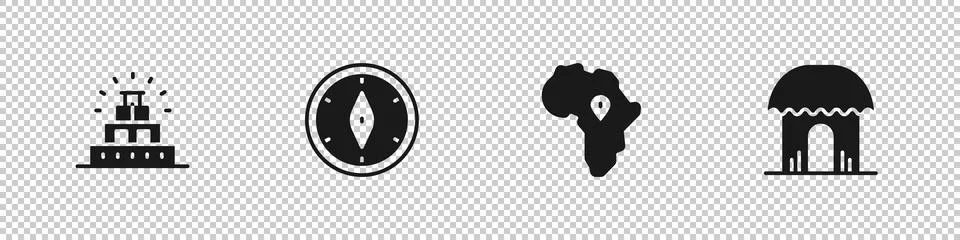 Set Chichen Itza in Mayan, Compass, Map of Africa and African hut icon. Vector Ilustración de archivo