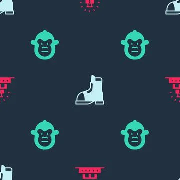 Set Chichen Itza in Mayan, Hunter boots and Monkey on seamless pattern. Vector Illustrazione stock