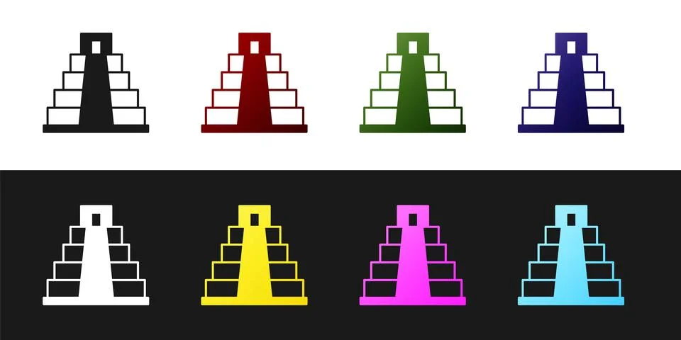 Set Chichen Itza in Mayan icon isolated on black and white background. Anci.. Ilustración de archivo