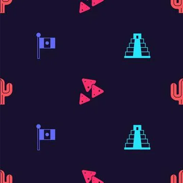 Set Chichen Itza in Mayan, Mexico flag, Nachos and Cactus on seamless pattern Stock Illustration