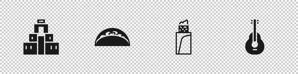 Set Chichen Itza in Mayan, Taco with tortilla, Burrito and Mexican guitar icon Stock Illustration