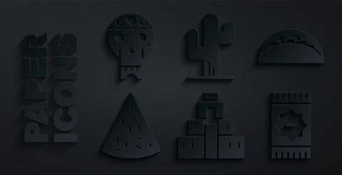 Set Chichen Itza in Mayan, Taco with tortilla, Nachos, Mexican carpet, Cactus Stock Illustration