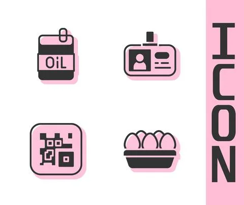 Set Chicken egg in box, Bottle of olive oil, QR code and Identification badge Stock Illustration