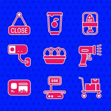 Set Chicken egg in box, Electronic scales, Hand truck and boxes, Scanner Illustrazione stock