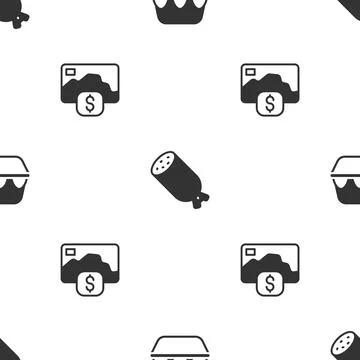 Set Chicken egg in box, Salami sausage and Credit card on seamless pattern... Stock Illustration