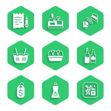 Set Chicken egg in box, Sauce bottle, QR code, Whiskey, Price tag with dollar Stock Illustration